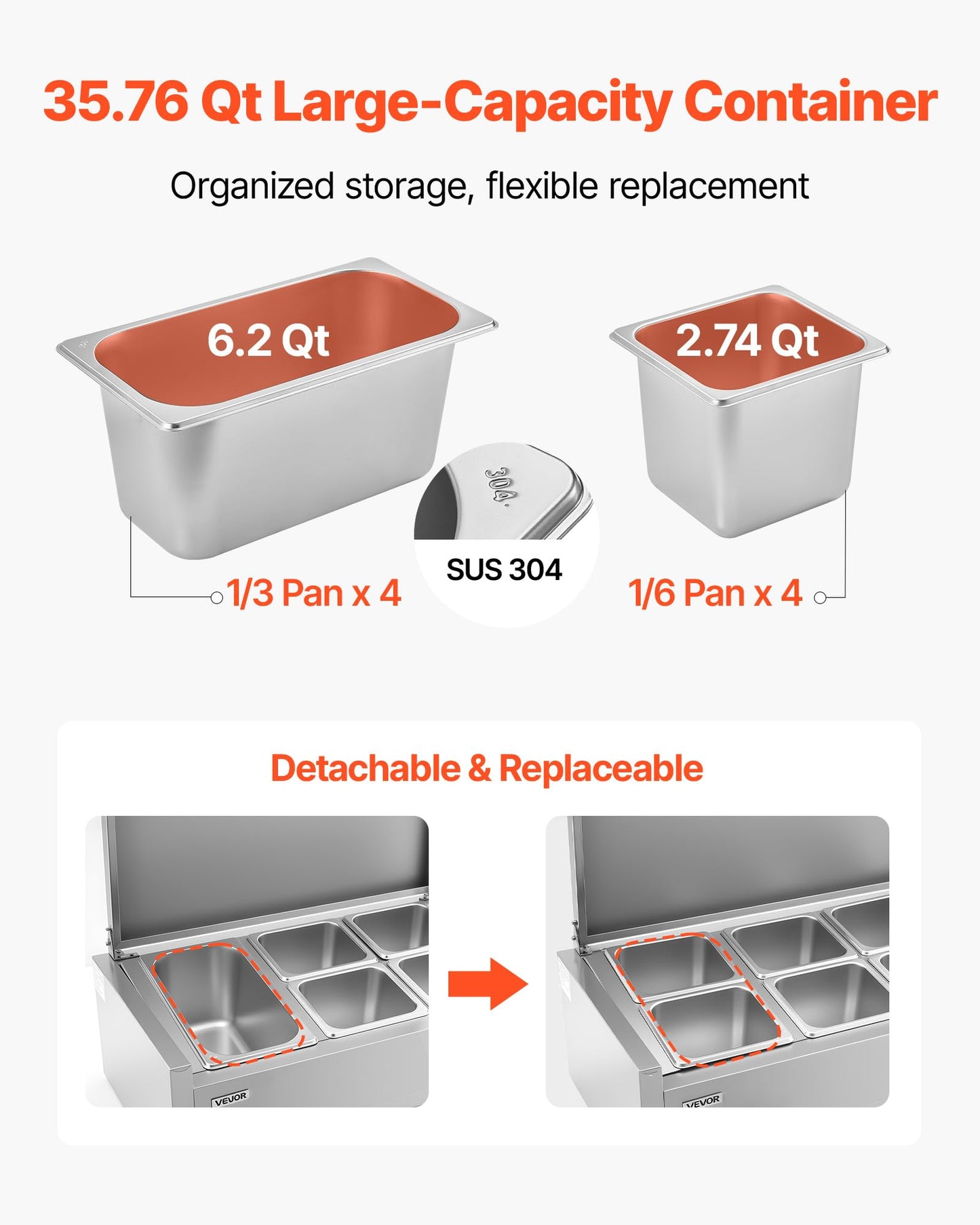 VEVOR Refrigerated Condiment Prep Station, 130 W Countertop Refrigerated Condiment Station, with Four 1/3 Pans & Four 1/6 Pans, 304 Stainless Body and PC Lid, Sandwich Prep Table with Stainless Guard