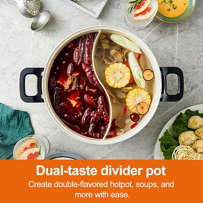 Joydeem 2 in 1 Electric Hot Pot, Shabu Shabu Pot with Two Removable Pot, UL Listed, Ceramic Non-stick Coating, 1400W, JD-HG3706W