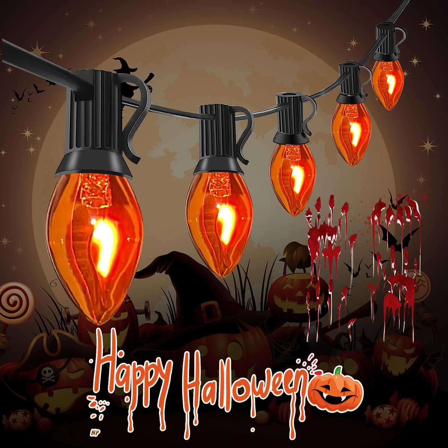 Abeja Orange Halloween Lights  25Ft Orange Flickering Lights String With 27 Flame Incandescent Blubs  Halloween Waterproof Flicker Lights For Spooky Thanksgiving Party Decor