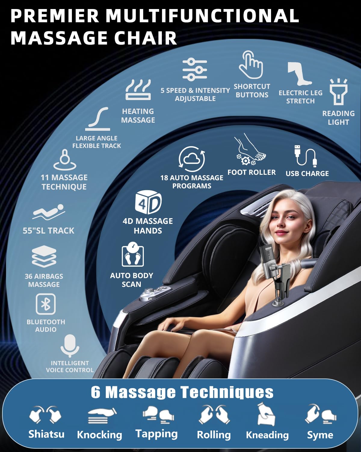 RelaxRelife 4D Full Body Massage Chair with Flexible 166 Track, Reading Light, 18 Massage Modes, 11 Techniques, 36 Airbags, Zero