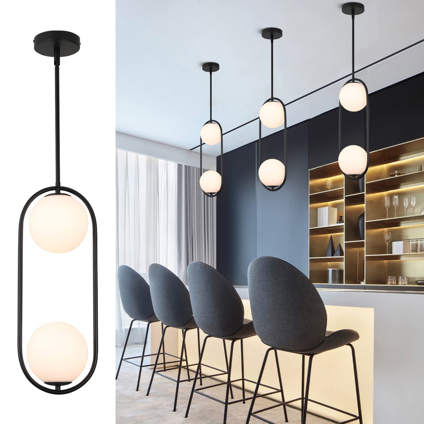 SeeU Modern Pendant Light Fixture, Black, Metal, 2 Lights, Vintage Style with White Globe Glass Lampshade for Kitchen Island/Dining Room