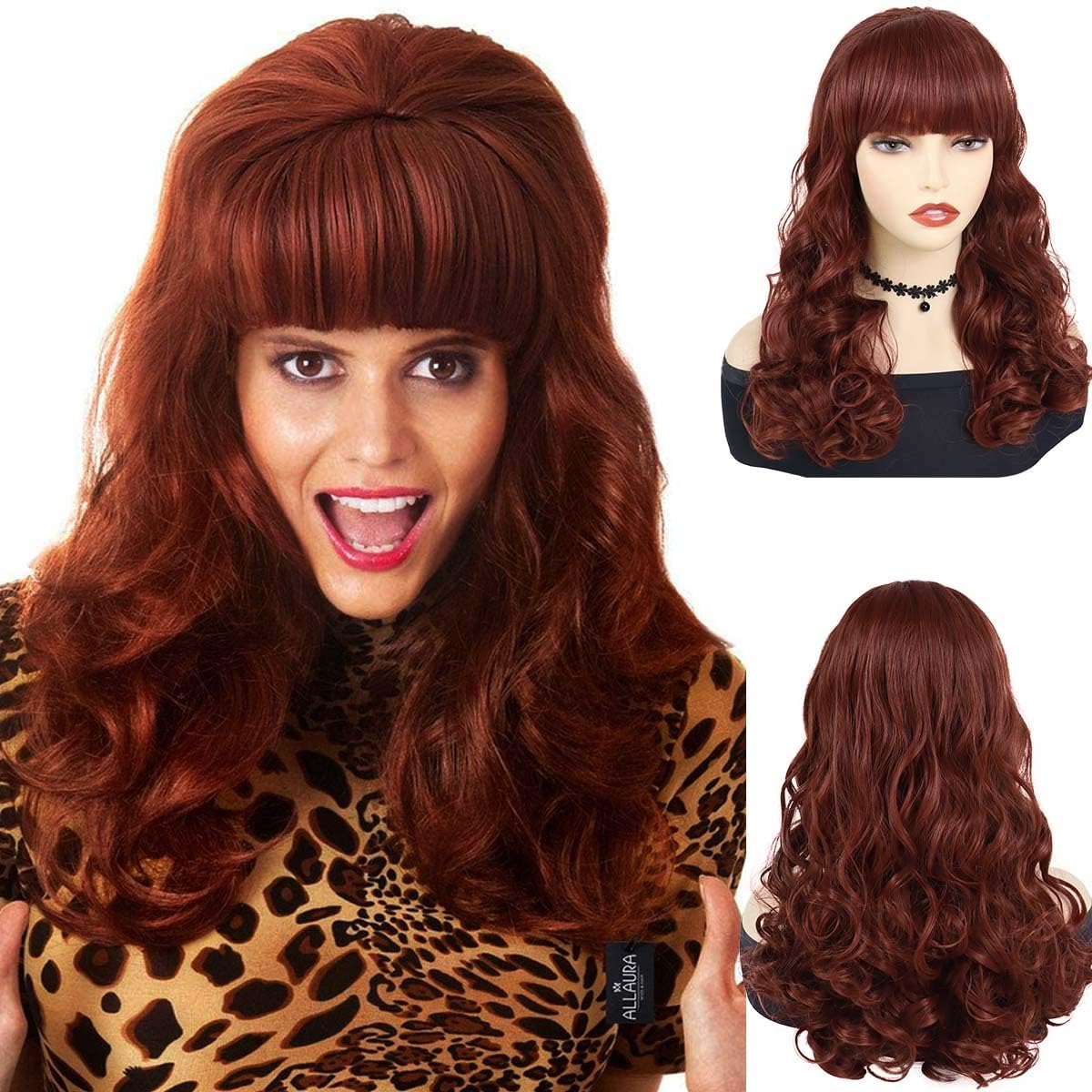 GNIMEGIL 18 inch 50s Bouffant Beehive Wig Women Cosplay Long Wavy Synthetic Hair Copper Wigs for Married Housewife Big Red Vinta