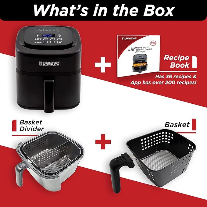 Nuwave Brio 6-Quart Digital Air Fryer Including Non-Stick Baking Pan and Stainless-Steel Cooking Rack (6-Quart + Gourmet Kit), Black