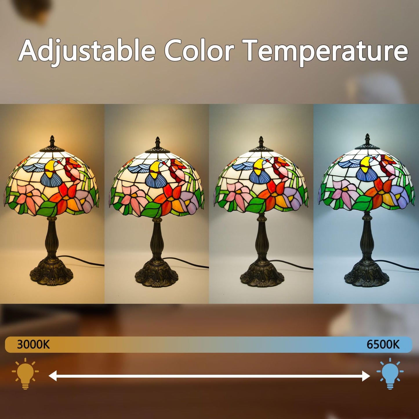 Crefotu 12 Inch Tiffany Table Lamp, Stained Glass, Remote Control, Dimmable Brightness, Hummingbird, Model CFLP-0003