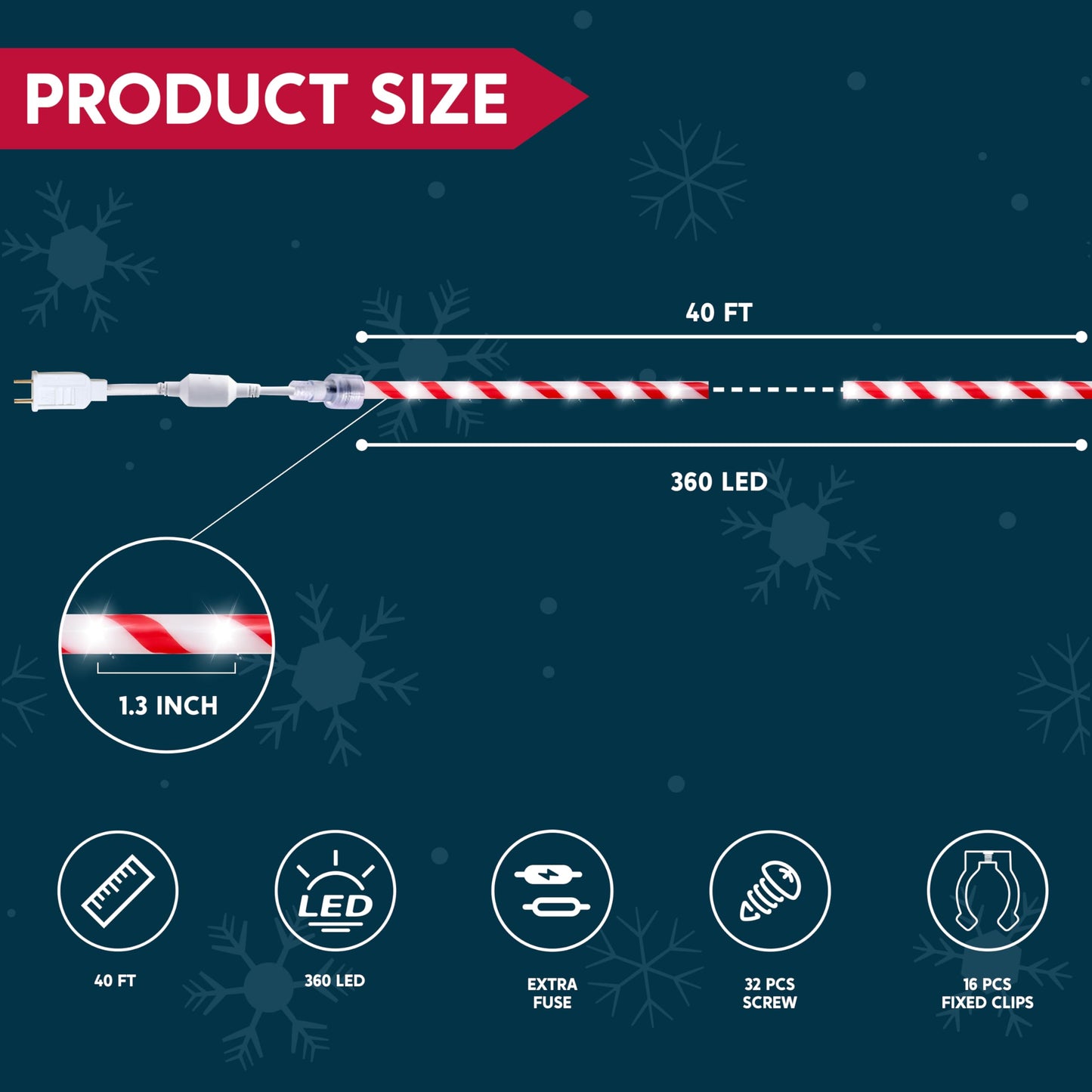 Joiedomi 40Ft Led Candy Cane Rope Lights  Waterproof Outdoor 360 Led Christmas Decor Lights For Garden Yard Party Xmas Christmas Holiday Decorations (Red & Cool White)