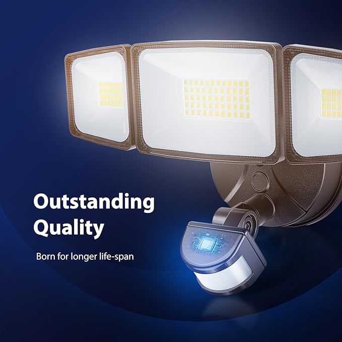 Onforu 65W LED Security Lights Motion Sensor Light Outdoor, 6500LM, 6500K, IP65 Waterproof, Flood Light Outdoor Motion Detector with Adjustable 3 Head, Hardwired Wall Light for Entryway, Yard (Brown)