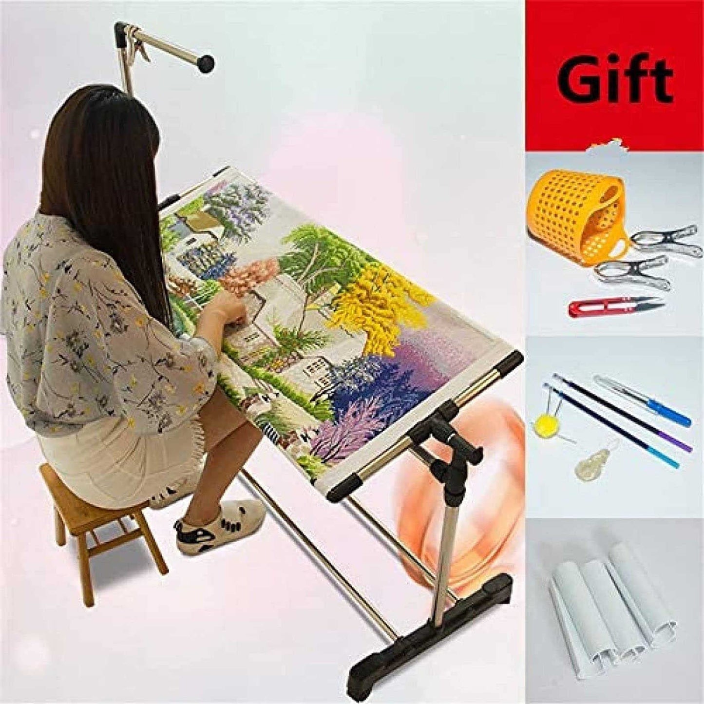 Adjustable Needlework Floor Frame for Cross Stitch and Embroidery, Standing Craft Stand and Lap Table for Sewing and Art, Convenient Holder for Creative Projects.
