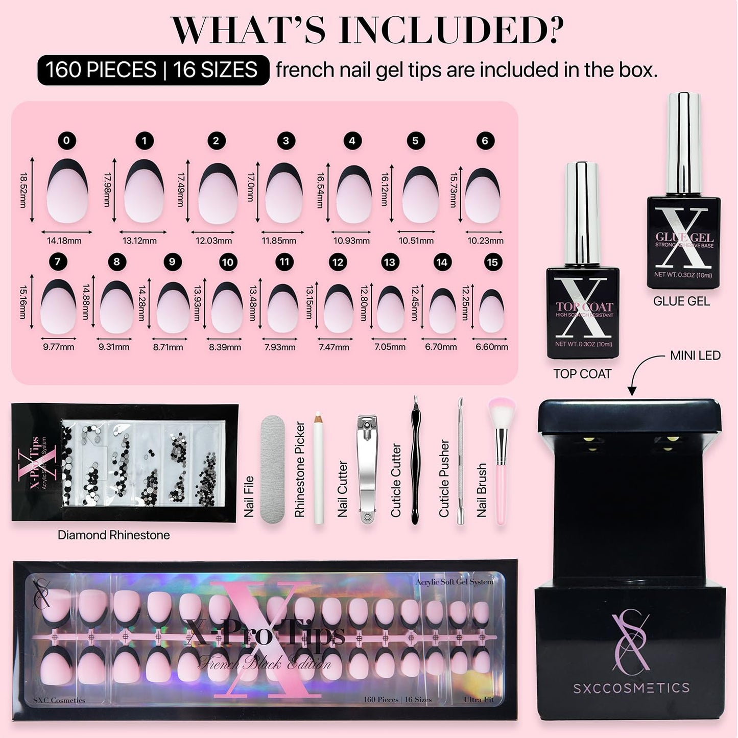 SXC Cosmetics French Tip Press On Nails - Black Series, Extra Short Almond, X-Pro Tips Starter Kit | 160PCS, 16 Sizes, 5 Styles,