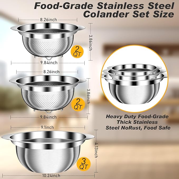 Stainless Steel Colander, 3Pcs Strainer for Kitchen Food with Handle Kitchen Gadget Food Strainer Basket for Washing Vegetables, Fruits, Rice, and Pasta, (2+2QT Colander + 3QT Mixing Bowl)