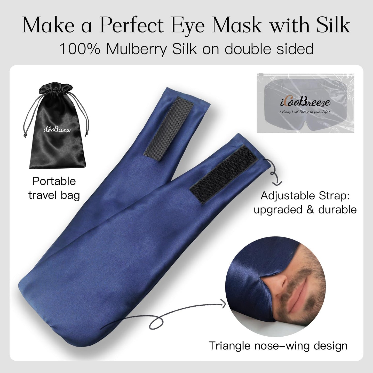 iCooBreeze 100% Natural Silk Eye Mask for Women Men, Soft Pressureless Cooling Blackout Eye Covers for Sleeping, Large Size Sleep Mask fits All Heads Adjustable, 1PC, Navy Blue