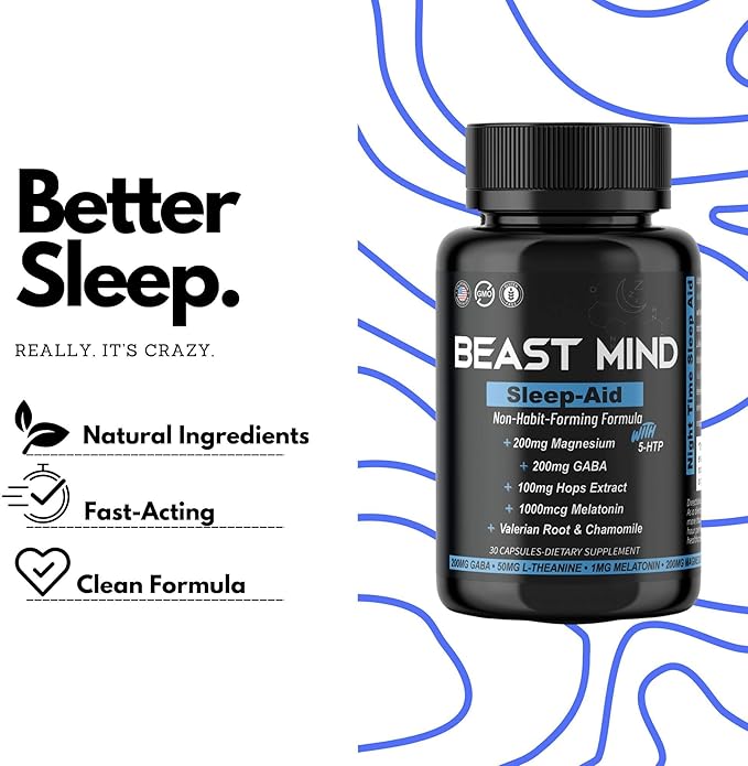 Non-Habit Forming Sleep Aid: Wake Up Refreshed - Powerful Formula with Melatonin, GABA, Valerian Root, Chamomile, Magnesium for Restful & Deep Sleep - 30 Capsules