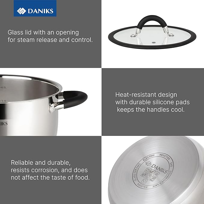 Daniks Orlando 10-Piece Stainless Steel Induction Cookware Set – Dishwasher Safe Saucepan, Pots with Heatproof Handles, Glass Lids, Measuring Scale, Silver