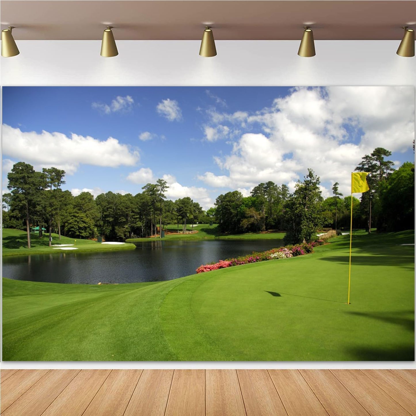 Golf Course Backdrop - Woodland Green Grass Lawn Flag Lake Sports Backgrounds for Photography Party Decorations Birthday Banner Photo Studio Props 6x6ft