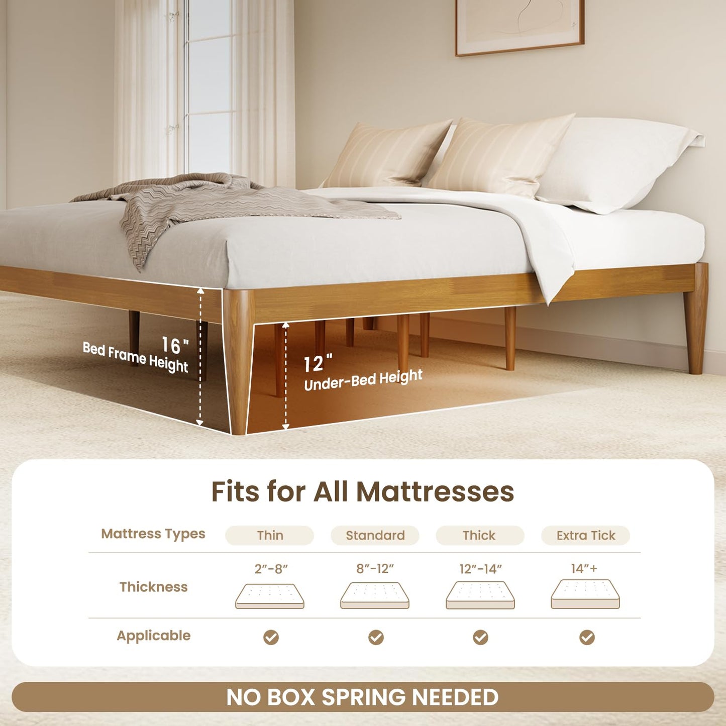 IOTXY King Platform Bed Frame - Solid Wood 16-Inch Height Mattress Foundation Base with Densely Slats and Heavy-Duty Support Legs, No Box Spring Needed, Teak