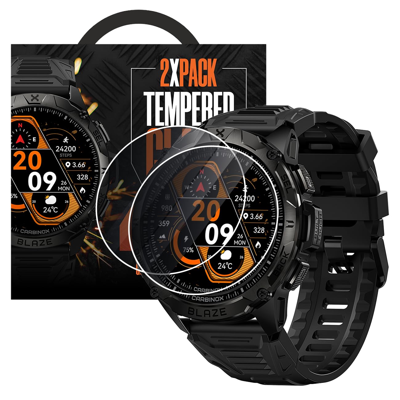 CARBINOX Blaze Smart Watch Ultimate Pack with GPS, Rugged Fitness Tracker Waterproof IP69K, Compatible with Android and iOS, 170+ Sports Modes, Make/Receive Calls (Round)