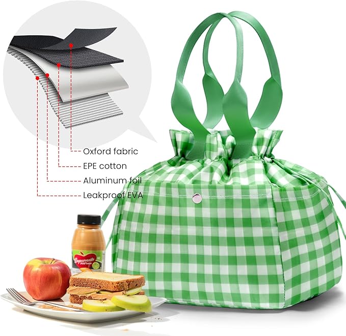 MEXS Lunch Bag for Women Reusable Drawstring Insulated Lunch Box Stain-Resistant Large Cinch Closure Lunch Bags for Work Office