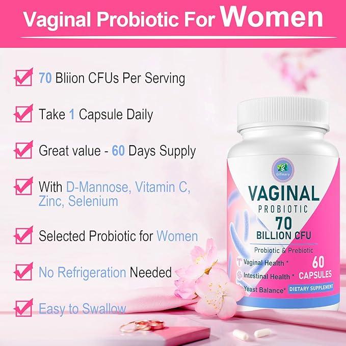 Vaginal Probiotics, PH Balance for Women, 70 Billion CFUs Womens Probiotic for Vaginal Health, Urinary, Odor Control, Flor, Ph Balance & Hormone, with Prebiotic & D-Mannose - Shelf Stable, 60 Caps