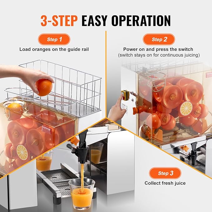 VEVOR Commercial Orange Juicer Machine, 120W Automatic Juice Extractor with Water Tap, Stainless Steel Orange Squeezer 20 Oranges/Minute, with Pull-Out Filter Box, PC Cover, 2 Peel Collecting Buckets