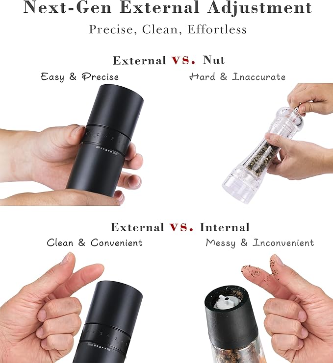 External Adjustable Pepper Grinder — Heavy-Duty All-Metal Manual Mill for Fast, Precise Grinding and Clean, Effortless Seasoning (Matte Black)