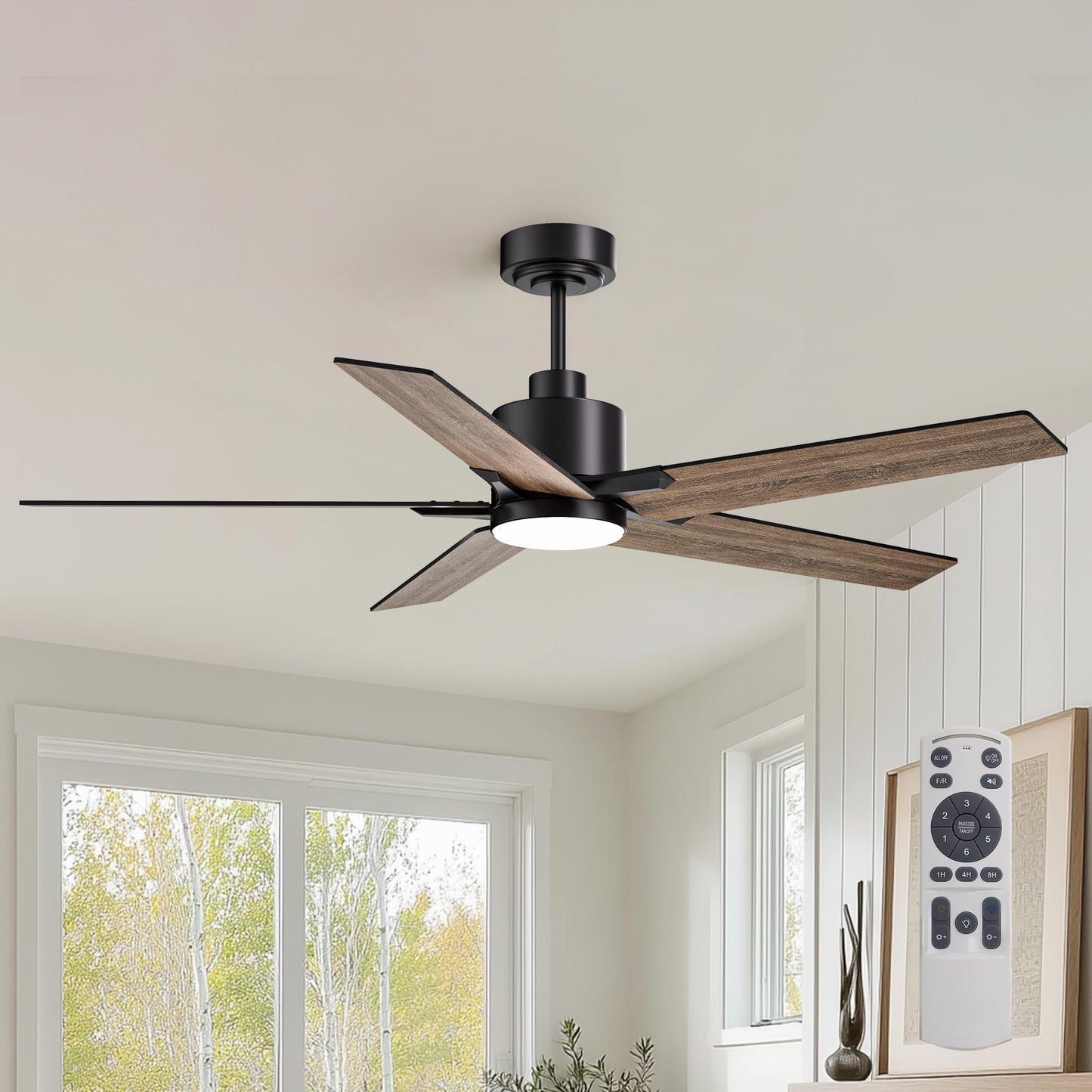 Nuoqiso 52 Inch Ceiling Fan with Lights, Remote Control, Quiet DC Motor, Dimmable LED, Black, Model FS-8921-father