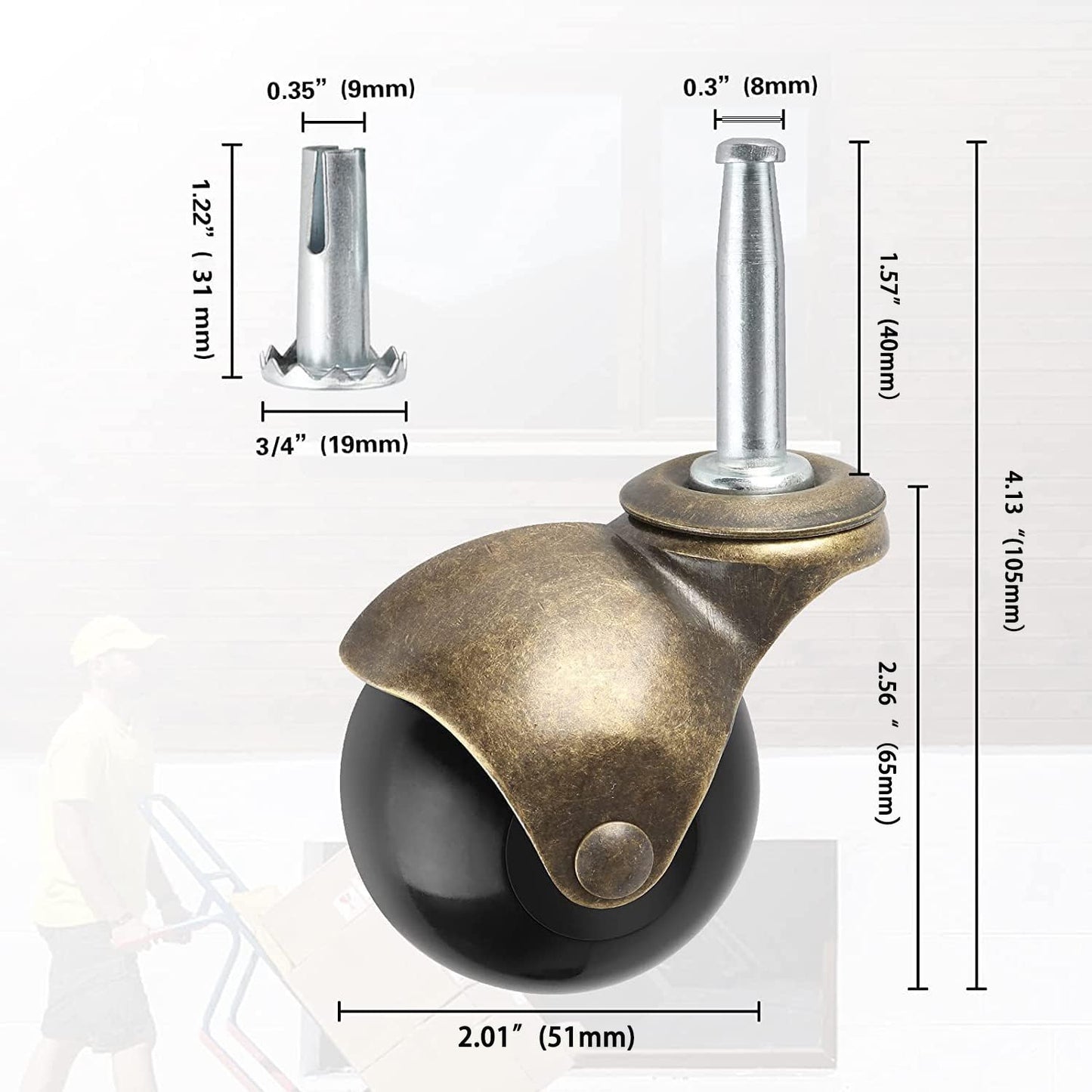 Brass Vintage Antique 2" Ball Caster Wheels - Set of 4 Heavy Duty, 5/16" x 1 1/2" (8 x 38mm) Wheels with Sleeve for Furniture, Chairs, Cabinets