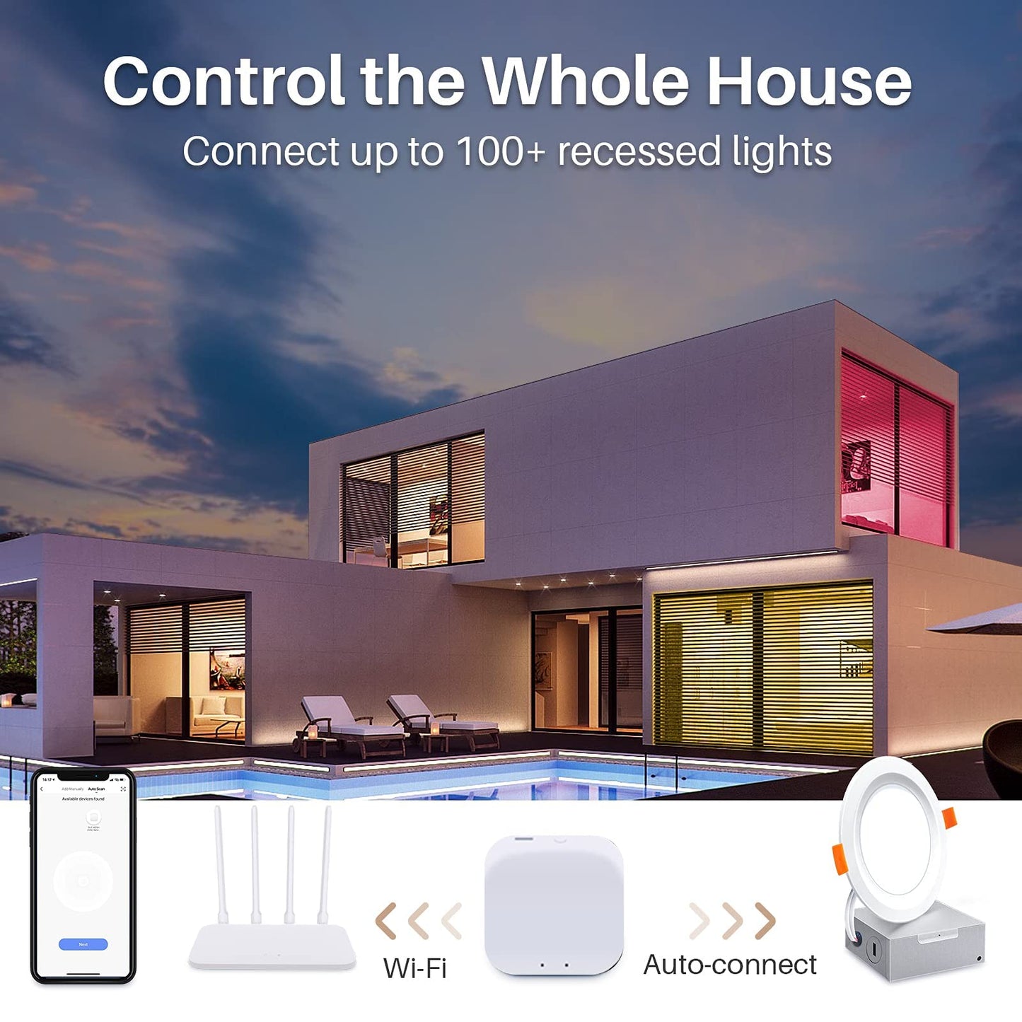 Peteme Smart Led Recessed Lighting 6 Inch, 12 Pack, Wifi, 14W, 1200Lm Color Changing, Rgb & White, Compatible With Alexa