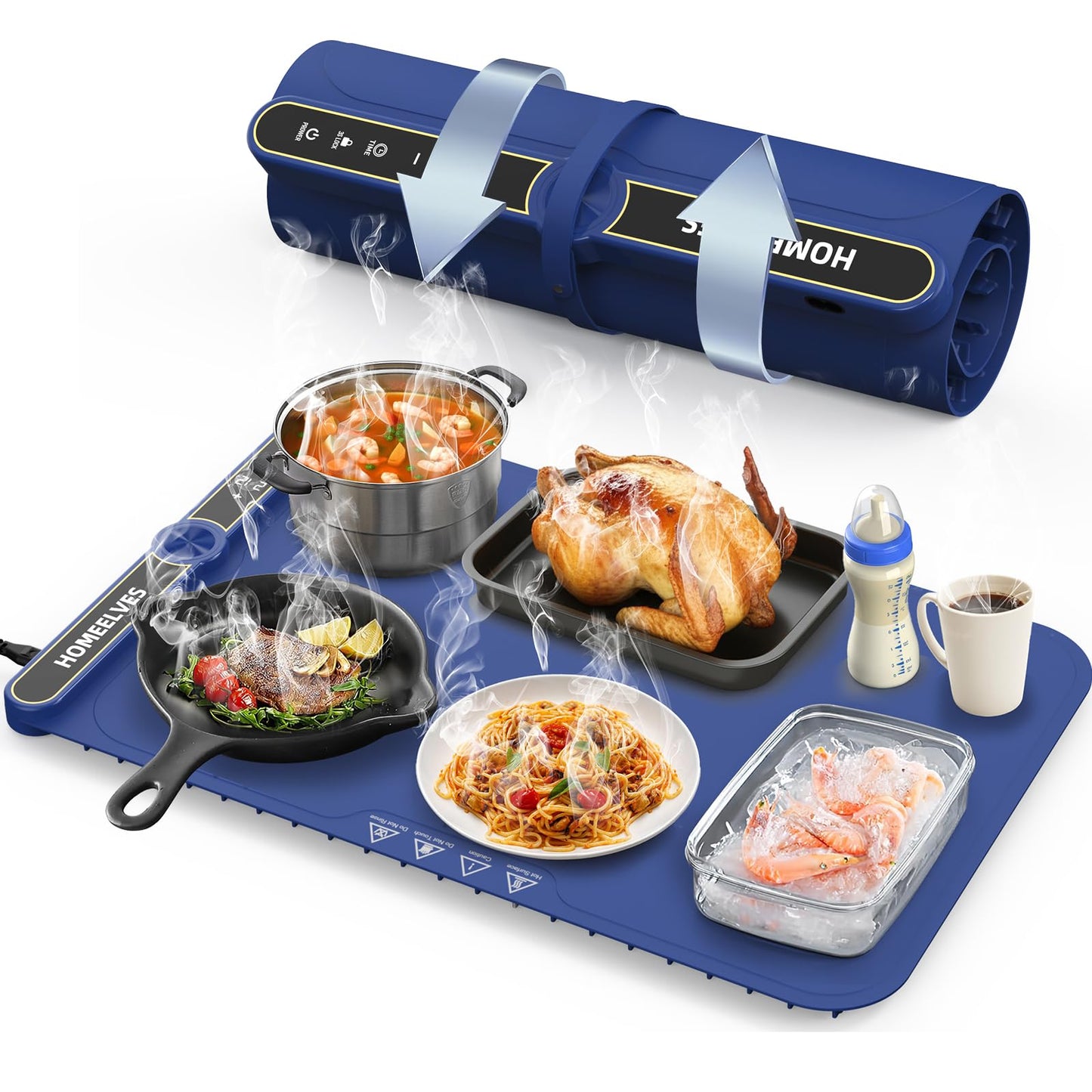 Food Warming Mat, Rapid Heating Electric Warming Tray with 9 Temp Setting and 6 Hours Timer,Foldable Warming Trays for Food, Portable Food Warmers for Parties Buffet, Blue