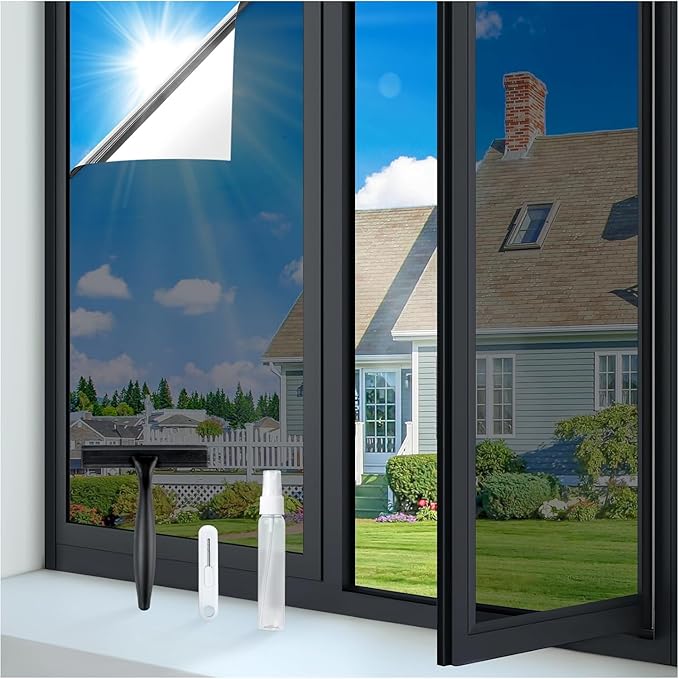 rabbitgoo One Way Window Privacy Film Tint with 3 Tools for Home, Sun Heat UV Blocking Control Reflective Adhesive Mirror Tint See Out Not in Office Door Covering, Black Silver, 17.5 x 118.1 inches