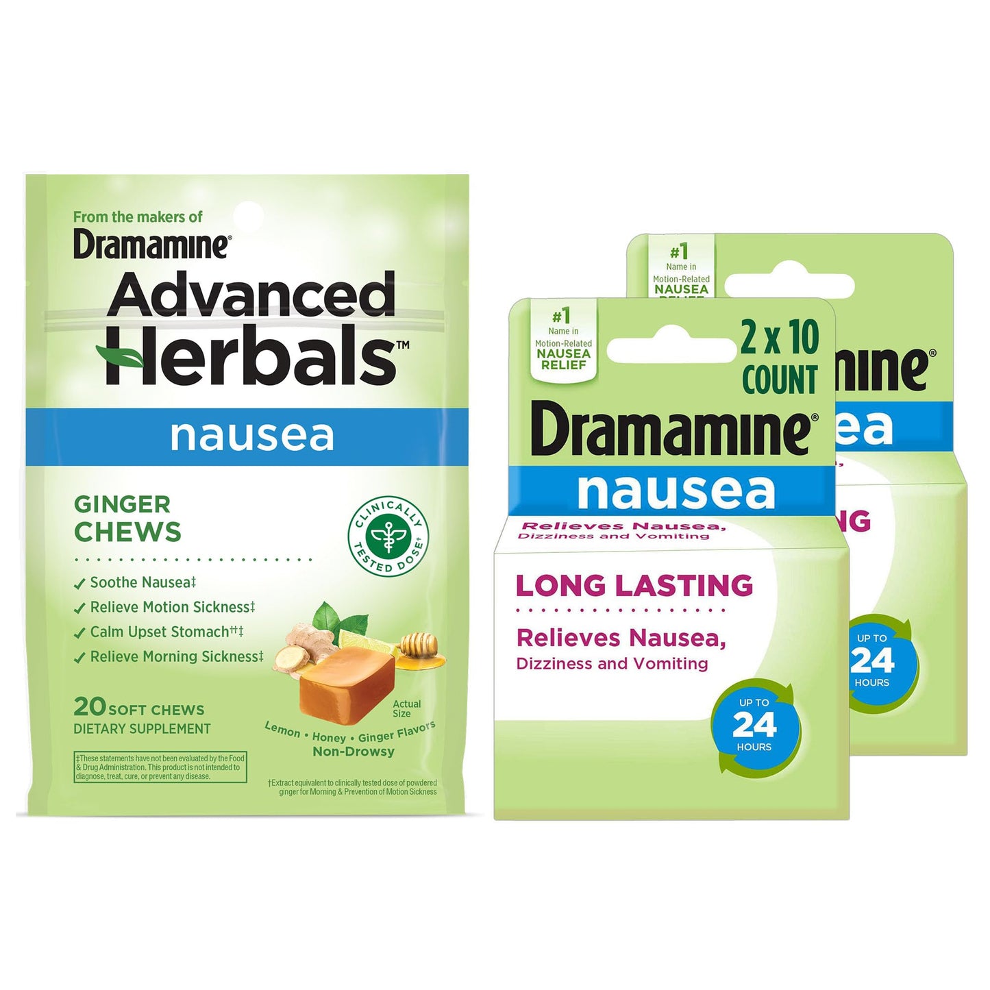 Dramamine Nausea Ginger Chews, 20 Soft Chew and Long Lasting Relief Formula, 18 Count (Pack of 2)