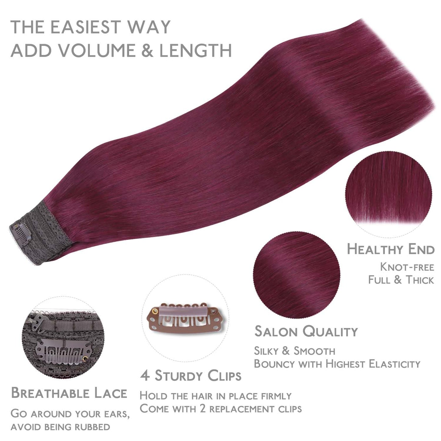 WENNALIFE Wire Hair Extensions (Increase 50% Lifespan) Real Human Hair 20 inch 140g Light Burgundy Remy Hair Invisible Transpare
