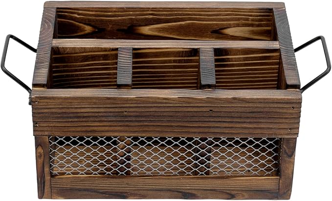 MyGift Rustic Brown Wood Utensil Holder and Napkin Rack with Black Metal Carry Handles and Chicken Wire Front Panel, Dining Flatware Cutlery Storage Caddy