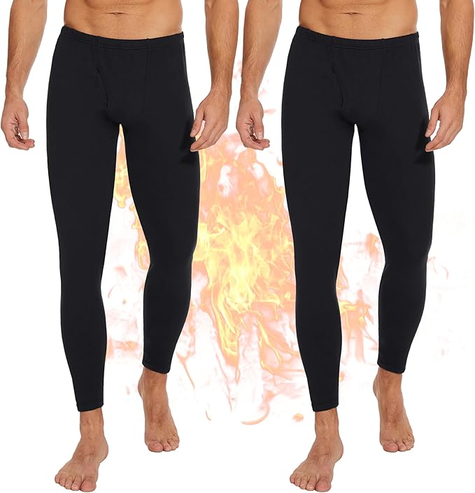 OBFUN 2 Pack Thermal Underwear for Men Pants Long Johns Bottoms Base Layer Cold Weather Fleece Lined Leggings