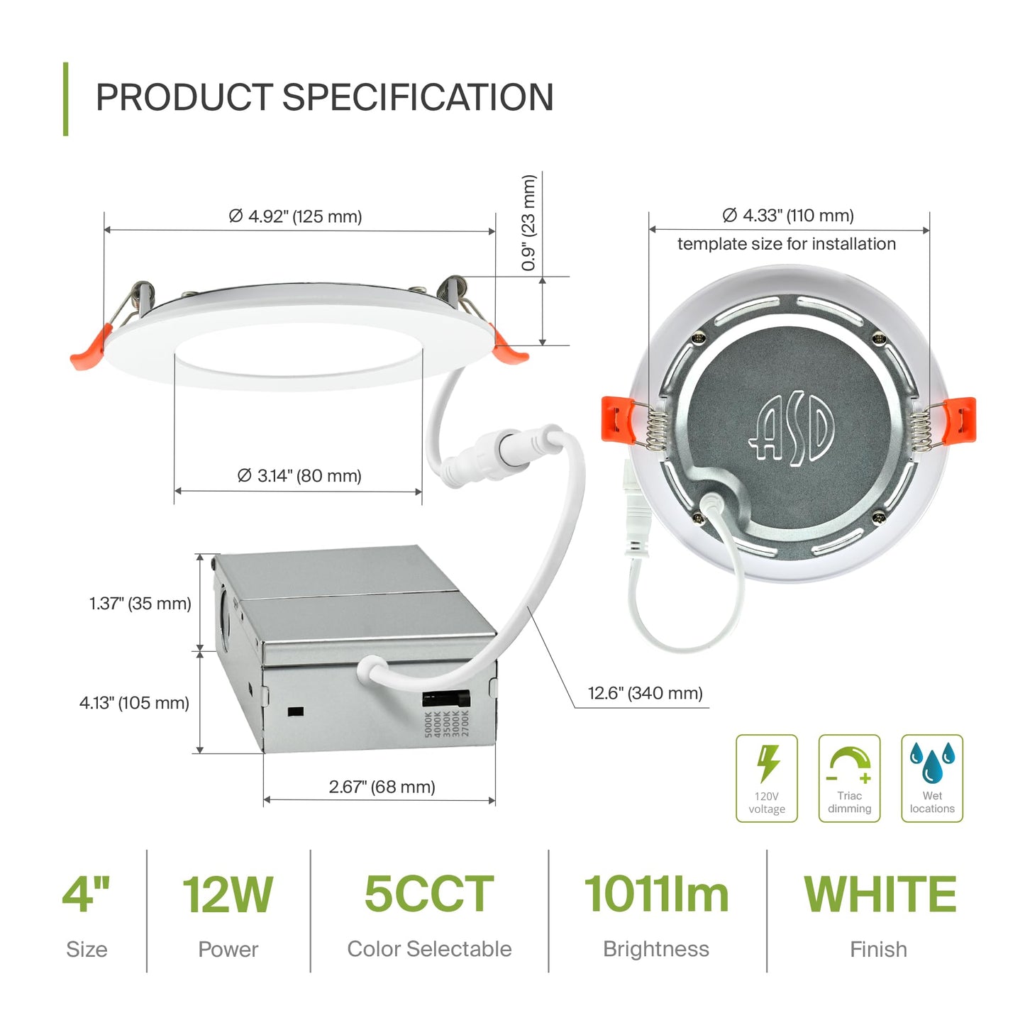 Asd 6 Pack Led Recessed Lighting 4 Inch 12W  5 Cct 2700K-5000K Cri90+  Ic Rated Ultra Thin Dimmable Ceiling Lights With J Box  Canless Wafer Downlight  Round Slim Panel Light  Energy Star Etl  White