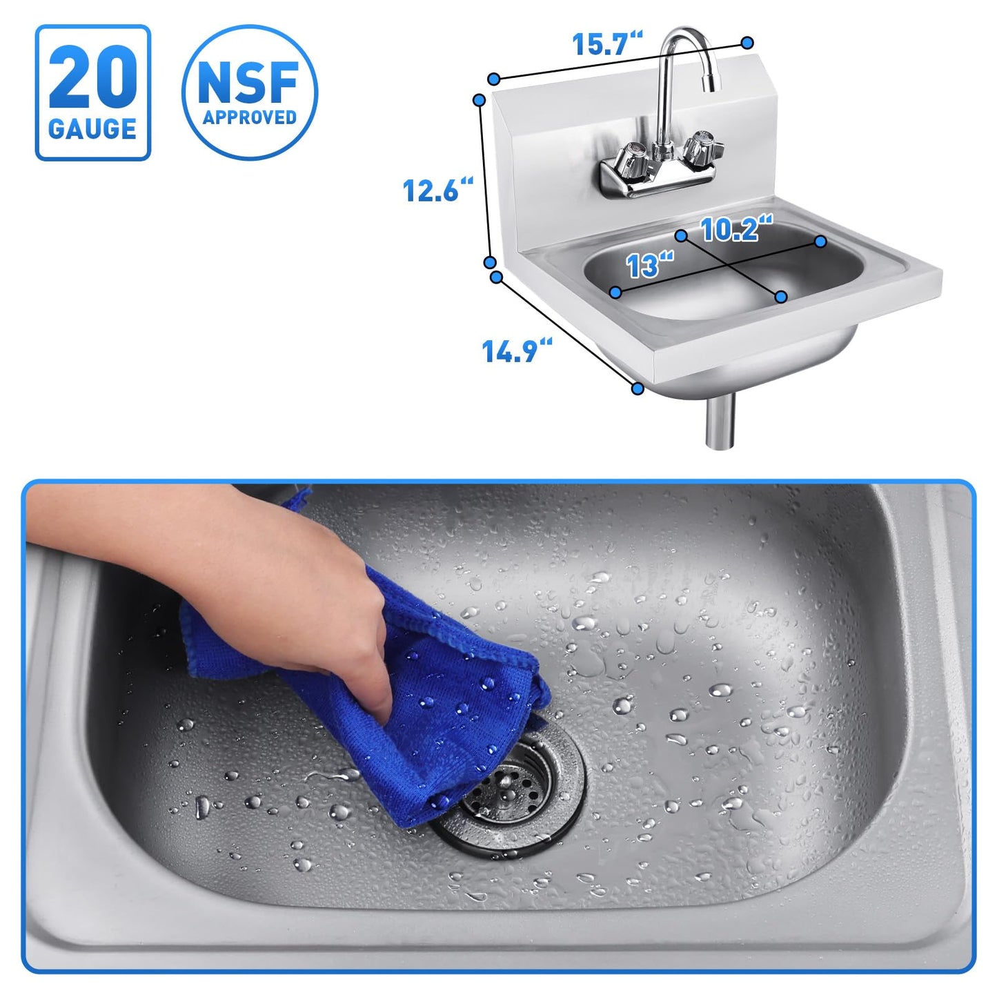 Vexalify Stainless Steel Sink Commercial Wall-mounted Wash Basin With Gooseneck Faucet And Backsplash for Restaurants, Shops, Bars and Homes