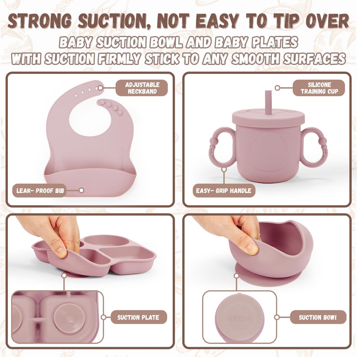MIICASA Silicone Baby Feeding Set, Baby Led Weaning Supplies, Baby Food Tableware Silicone Suction Plate, Bowl, Spoons, Fork, Waterproof Bib, Cup & Complementary Food Cake Mold, Baby Eating Utensils