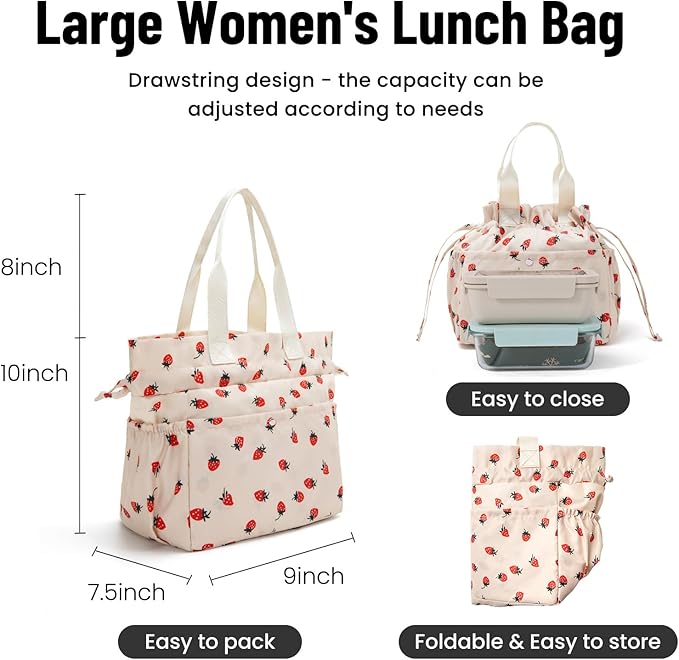 MEXS Lunch Bag for Women Reusable Drawstring Insulated Lunch Box Stain-Resistant Large Cinch Closure Lunch Bags for Work Office