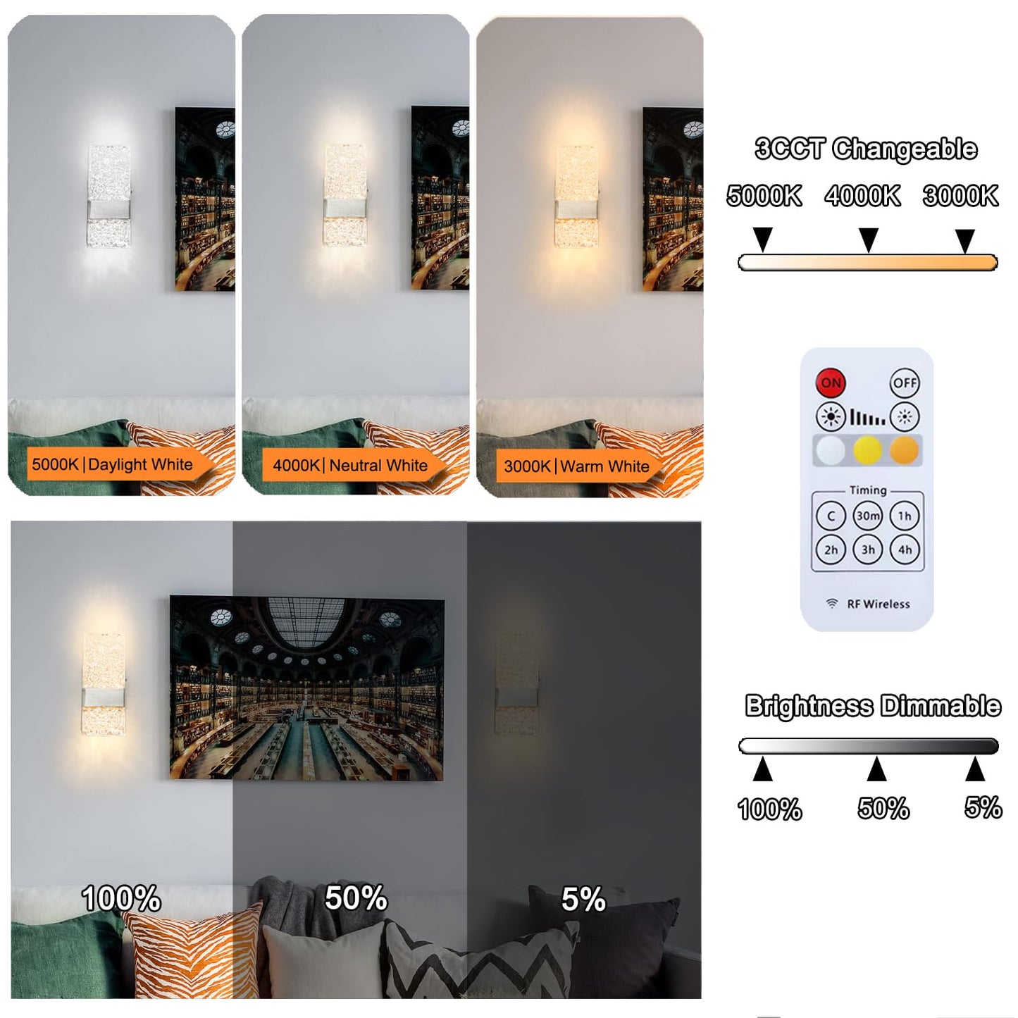 Modern Brushed Nickel Battery Operated Wall Sconces Set Of 2 - Rechargeable Led Wall Sconce Lighting With Acrylic Shade  Wireless Bedroom/Living Room Art Deco Light Fixtures
