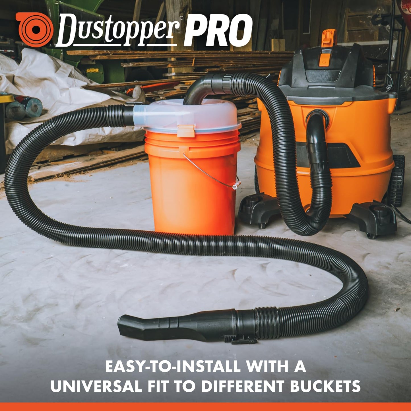The Dustopper PRO, Low-Profile Dust Separator for Shop Wet/Dry Vacuums. Includes High-Flow 90 Degree Sweep Elbows and Connection Hose. Fits Standard 5 Gallon Buckets, Made in USA