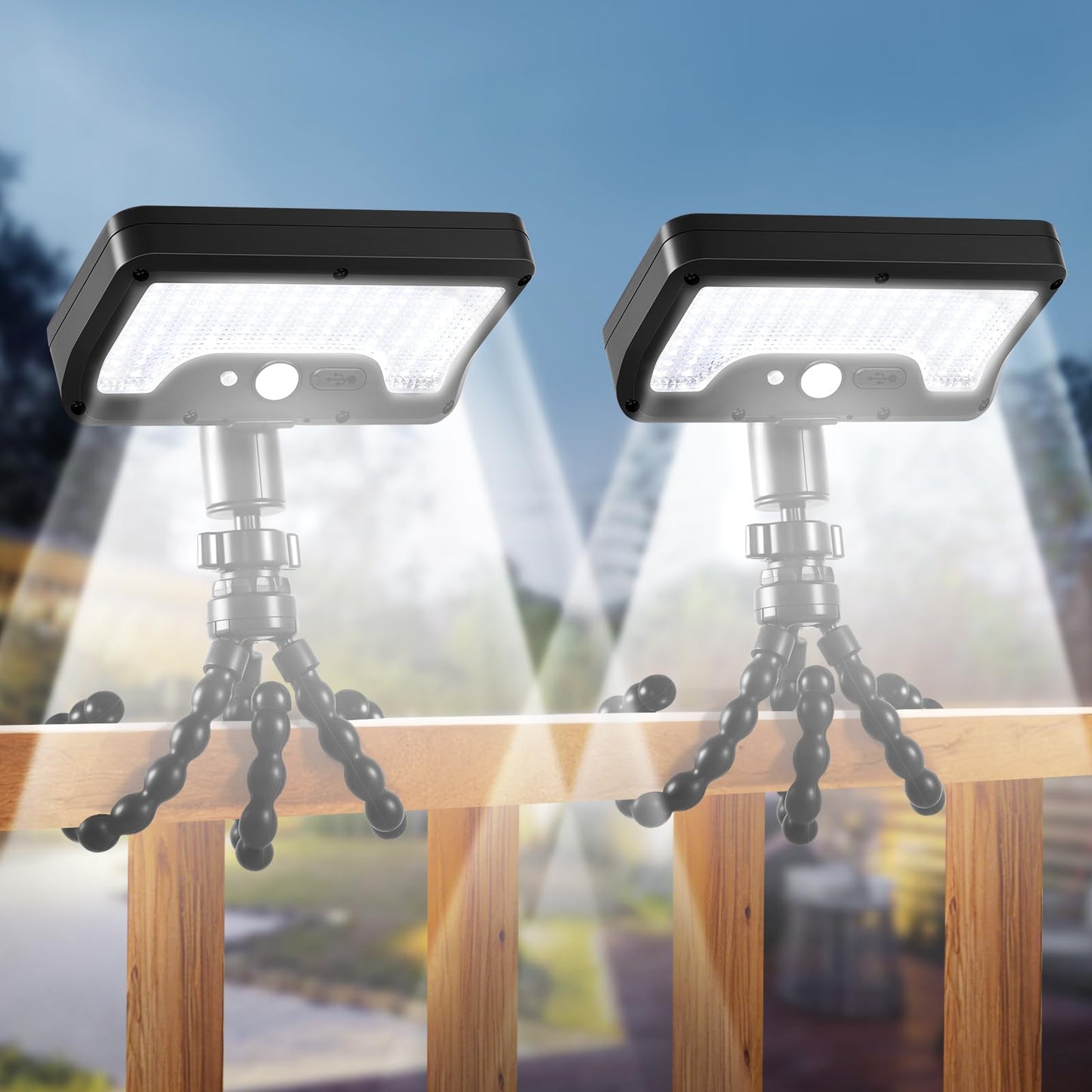 Solar Motion Lights Outdoor with Flexible Octopus Tripod, USB & Solar Powered Motion Sensor Lights with 92 LEDs(600LM,6000K), IP65 Waterproof Motion Activated Light for Fence, Camping, Gutter(2 Pack)