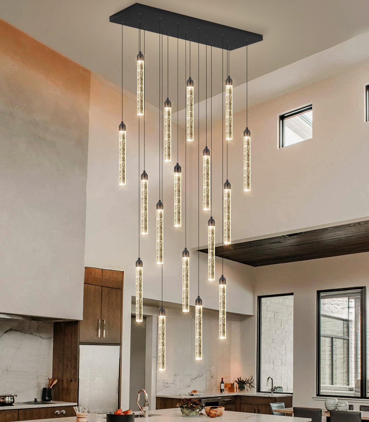 Rectangular Chandeliers 17-Lights Long Light For Entryway Led Dimmable Chandeliers Lighting Fixture Flat Sloped High Ceiling Pendant Lights Crystal For Living Room Foyer Hallway Staircase Black