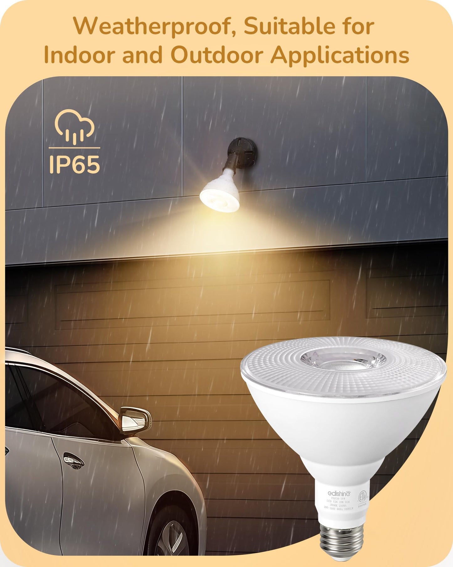 EDISHINE Dimmable PAR38 LED Flood Light Bulbs, 18W 1800LM, IP65 Waterproof, 3000K Warm White, E26 Base, 6 Pack,