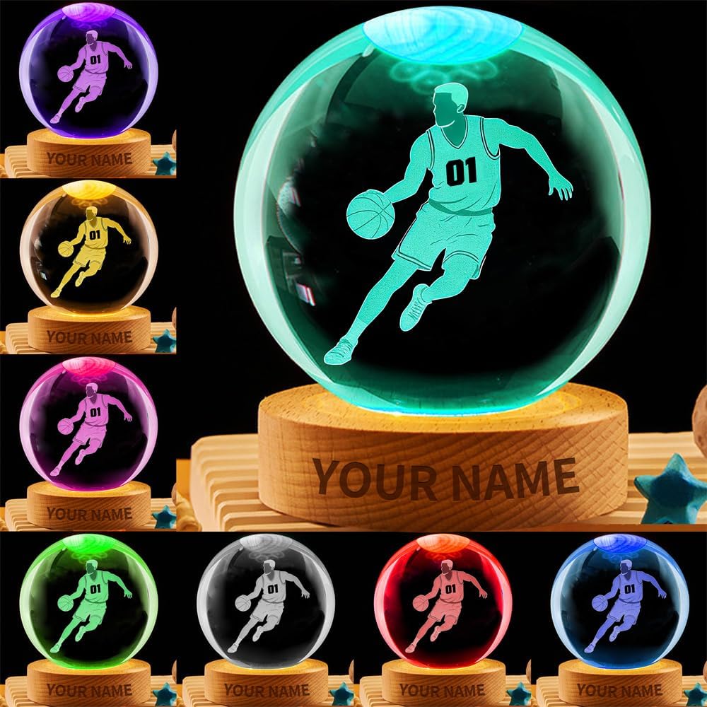 Personalized Basketball Crystal Night Light Gift for Men Women, Custom Name/Number Basketball Player 3D Crystal Ball Night Light Lamp for Bedroom Room Sports Decor Party Bar Christmas Birthday Gift