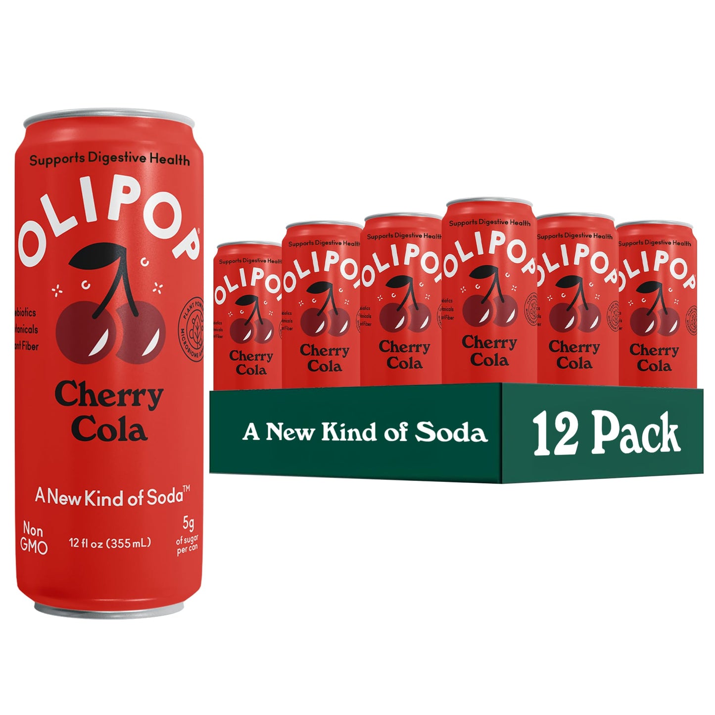 OLIPOP Prebiotic Soda Pop, Cherry Cola, 12oz (Pack of 12), Gluten Free, Vegan, Packed with Prebiotics and Fiber