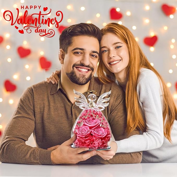 Beferr Valentines Day Rose Gifts for Her Women Mom Gifts for Birthday, Fresh Flowers for Delivery Forever Preserved Rose in Glass Angel Figurine, for Grandma Wife Daughter Girlfriend