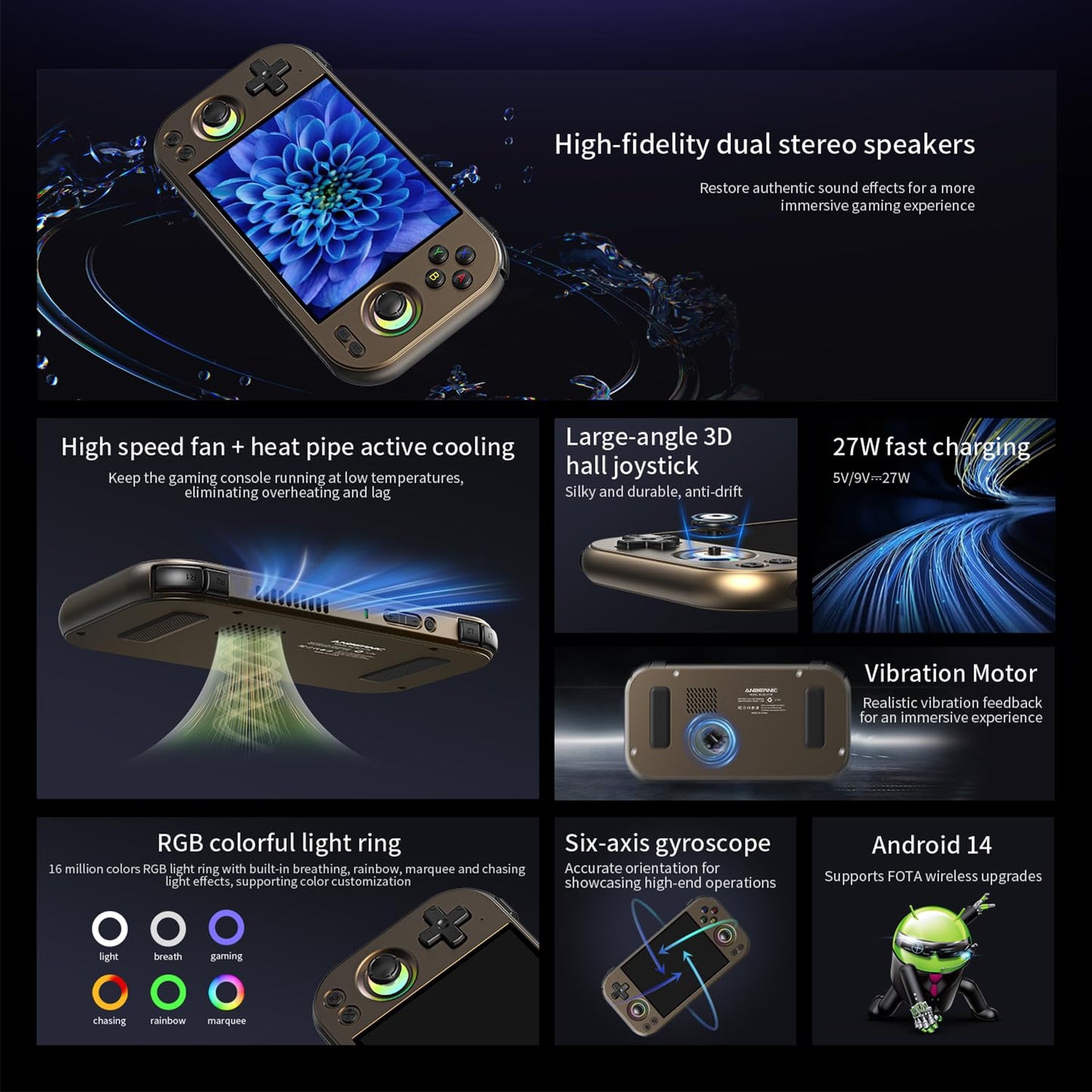ANBERNIC RG477M Retro Handheld Game Console , Aluminum Alloy CNC Android 14 System 4.7 Inch LTPS in-Cell Screen Dimensity 8300 Processor Support WiFi 6E Bluetooth 5.3 NO Game Card(Brozen)