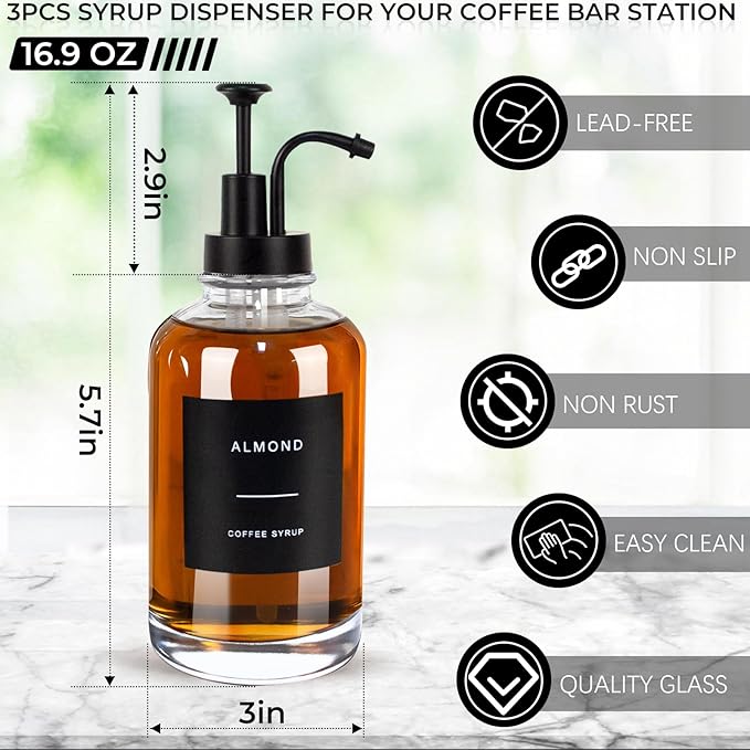 Coffee Syrup Dispenser for Coffee Bar, 3PCS Coffee Bar Accessory Syrup Dispenser w. Labels,16.9 oz 500ml Simple Glass Syrup Bottle w. Tray & Coffee Scoop