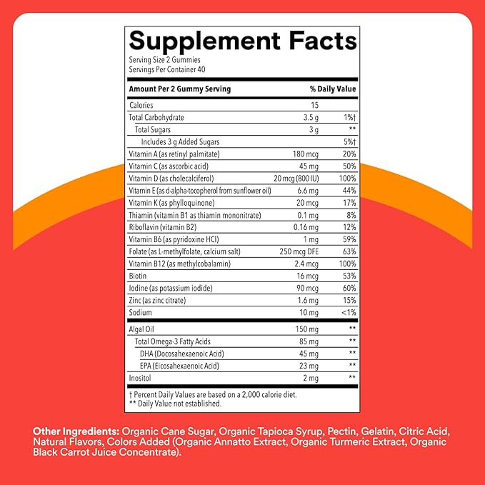 SmartyPants Kids Multivitamin Gummies - Improved Formula: Omega 3 (DHA/EPA), Vitamins D3, C, B12, B6, Vitamin A, K & Zinc, Gluten Free, Three Fruit Flavors, 80 Count (40 Day Supply)