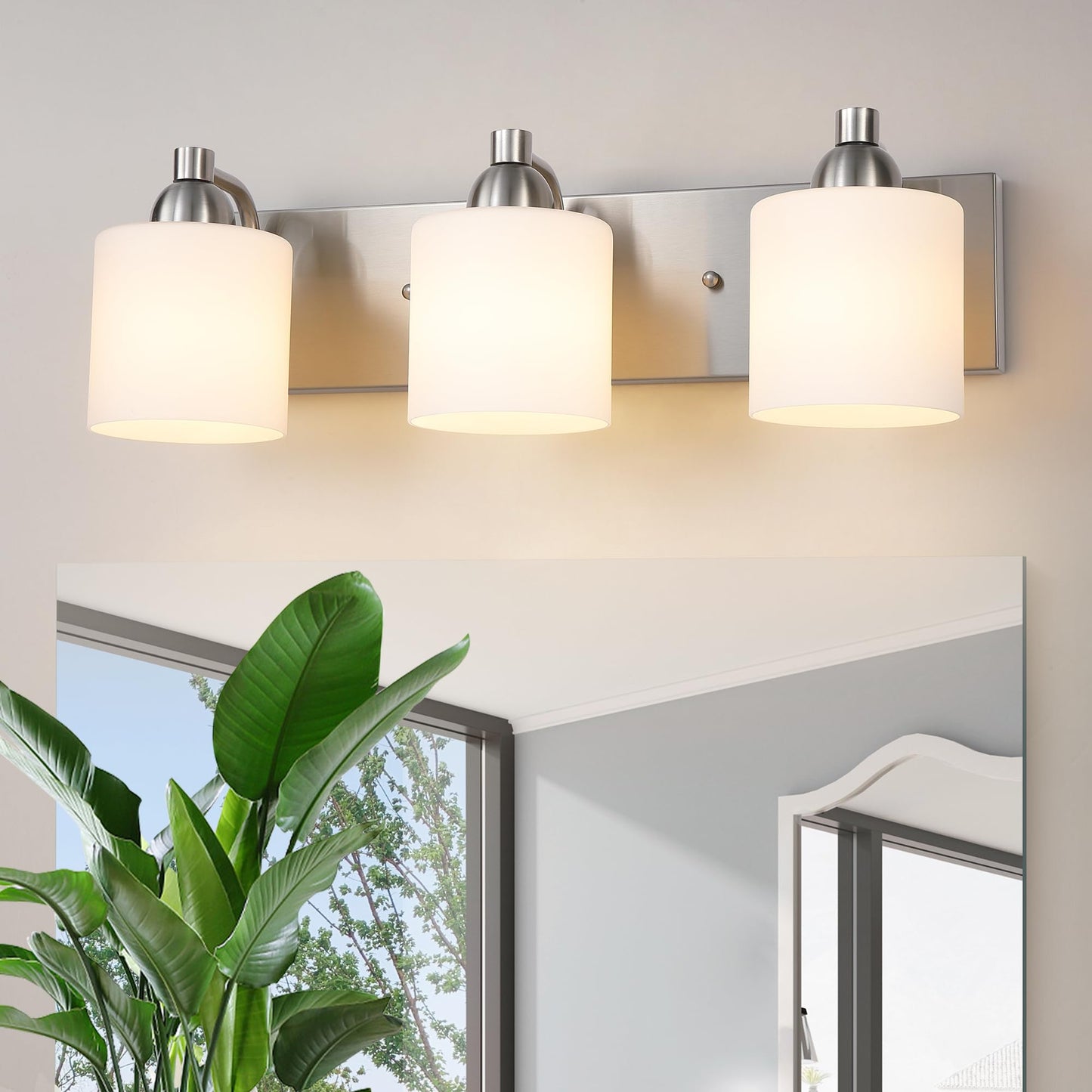 Mecgirn Stainless Steel Milk Glass Bathroom Vanity Light Over Mirror  3 Light Brushed Nickel Bathroom Light Fixtures With Frosted Glass  Modern Vanity Lighting Wall Mount