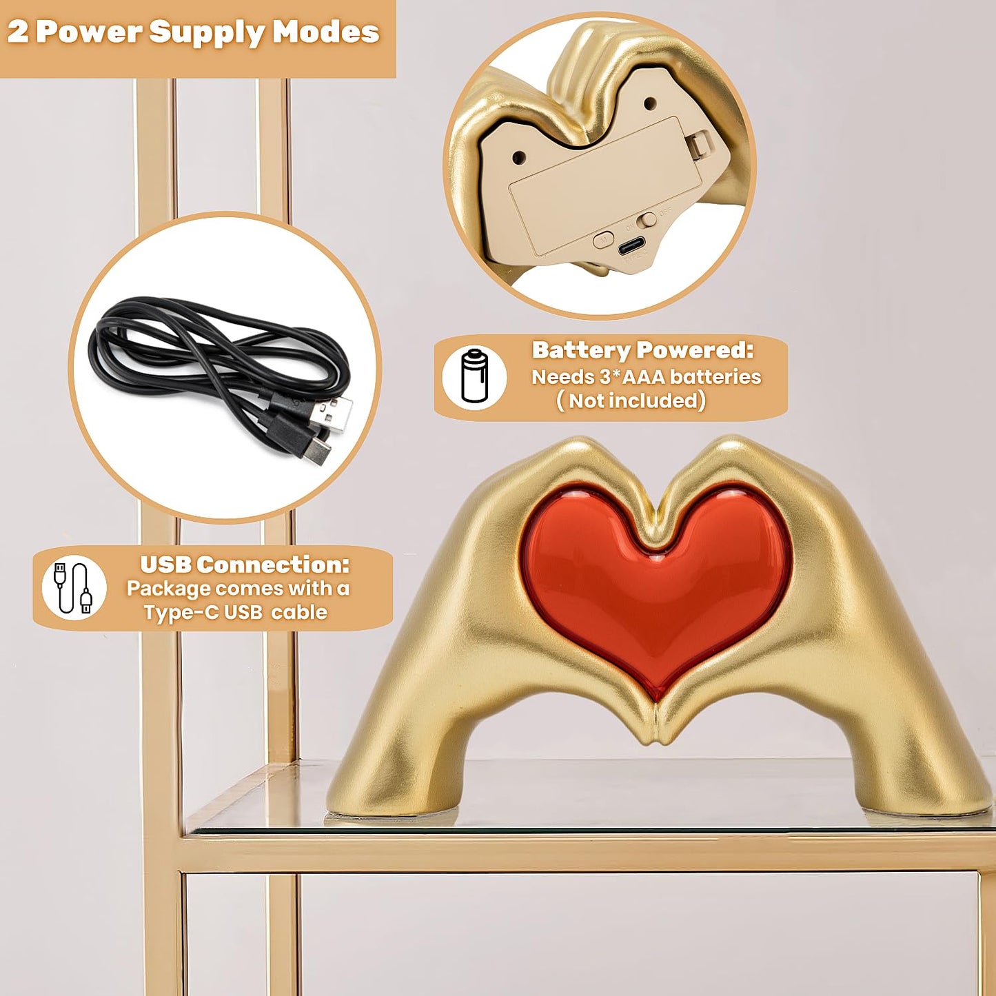 Heart Hands Sculpture Night Light  Love Heart Statue Usb&Battery Powered Desk Lamp  Gold Aesthetic Decor For Living Room  Bedroom  Shelf  Coffee Table  Thanksgiving Birthday Gift For Women Mom Girls