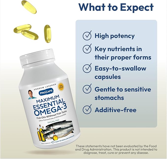 ANDREW LESSMAN Maximum Essential Omega-3 Mint - 30 Softgels - Ultra-Pure, High Potency Omega-3 Oils. High DHA, No Stomach Upset, No Contaminants, No Mercury. Small Easy to Swallow Softgels